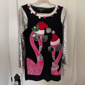 Fun Holiday Flamingo Sweater or Mini Length Dress with Sequin Sleeves size XS.